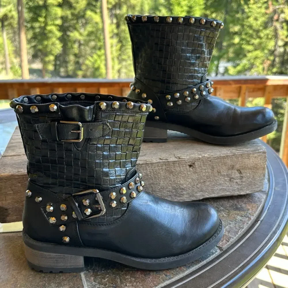 Extreme Eddie Marc Combat Boot SZ 7 Black Studded Woven Y2K Grunge Gothcore Punk - Picture 2 of 11